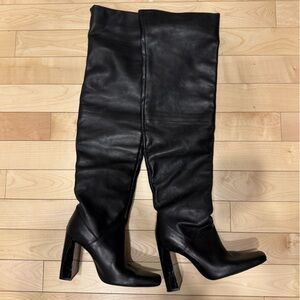 ZARA |  thigh high baggy leather boots black chunky heel - size EUR 38 - US 7.5